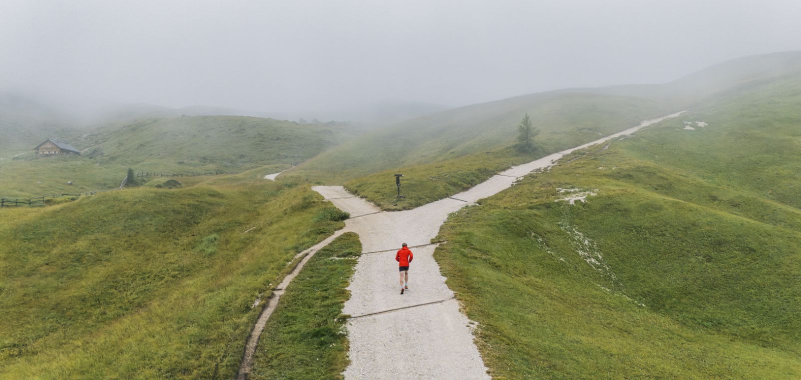 Runner in red jacket on a forked path in misty green hills, one trail climbing uphill while the other descends.